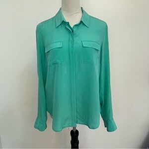 Ann Taylor 100% Silk Blouse Women’s 4 Teal Green Button Down Long Sleeve Shirt